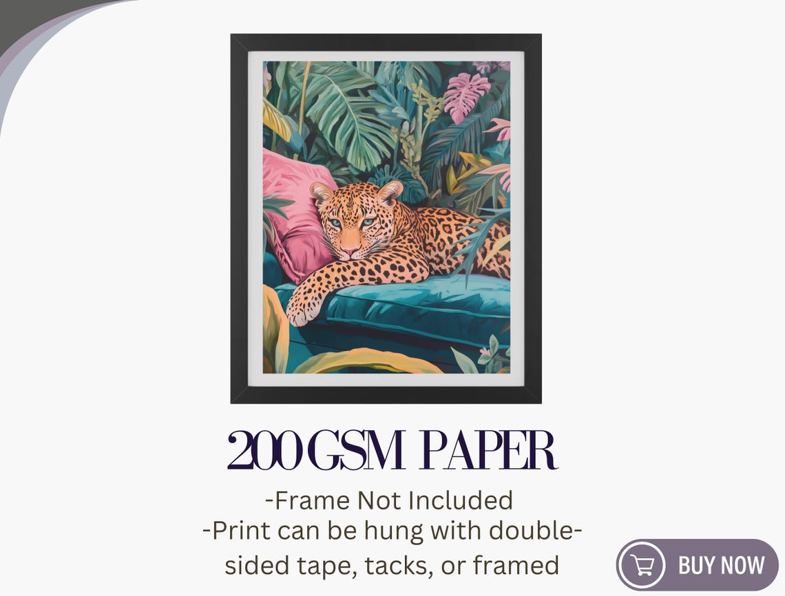 Leopard Teal Sofa Pink Cushion Jungle Leaves Maximalist Cat Art Poster - Image 5
