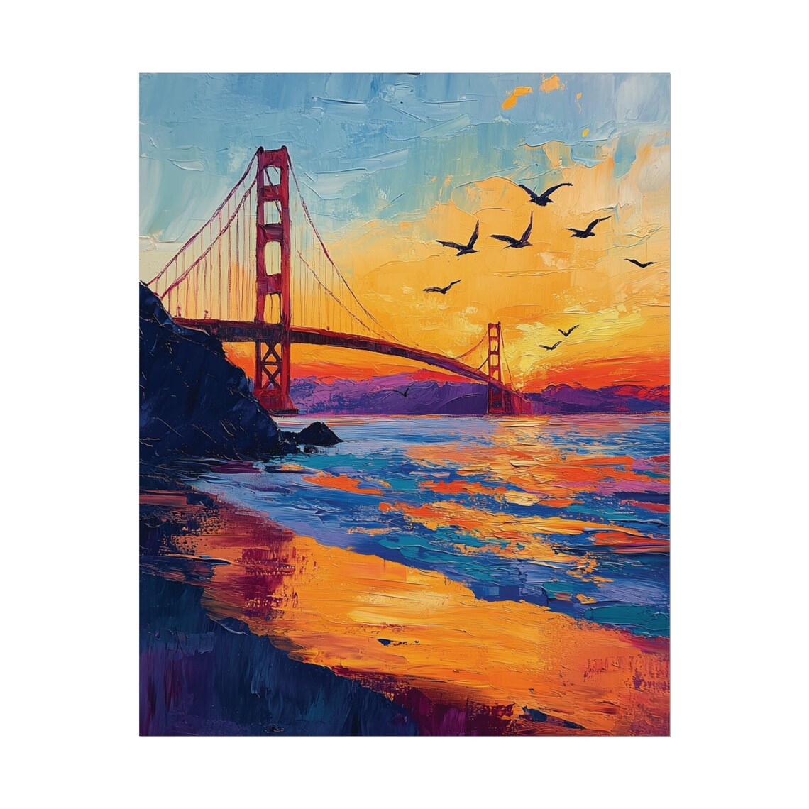 San Francisco Golden Gate Bridge Sunset Oil Painting Seagulls Bay Travel Poster - Image 2