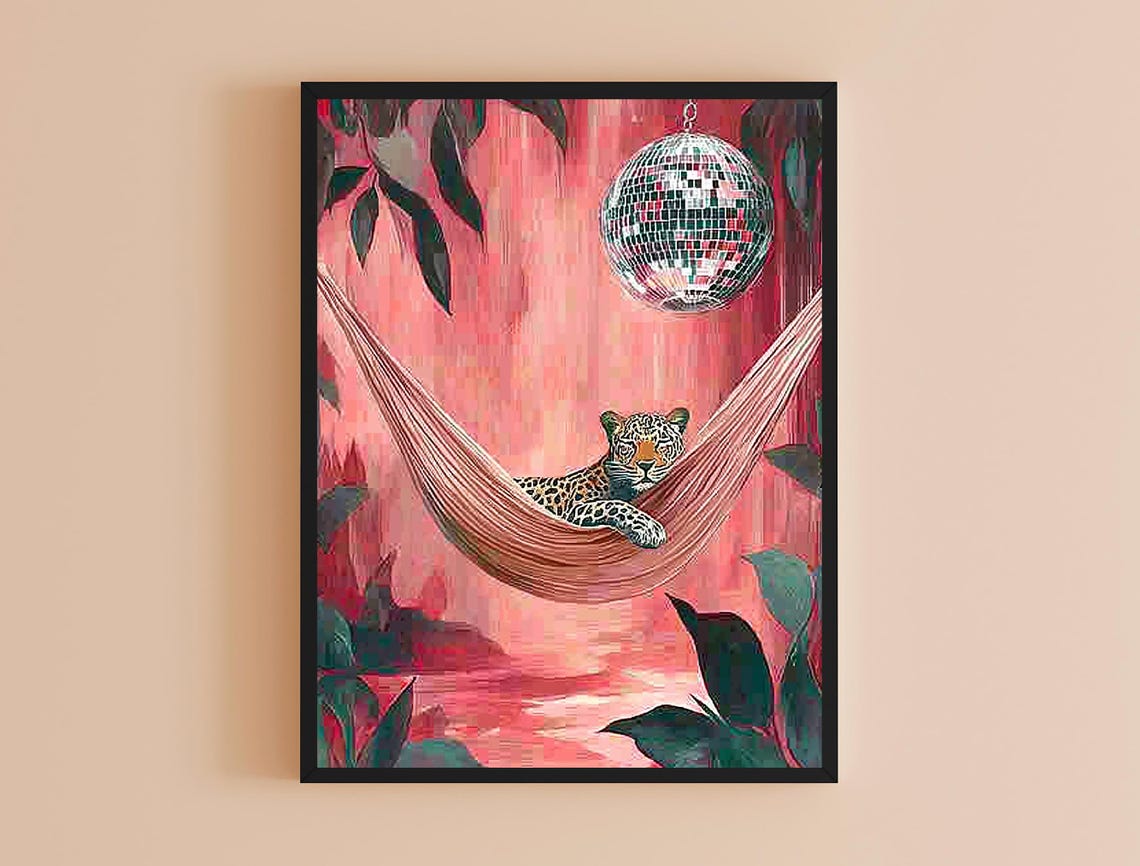 Leopard Lounging Pink Hammock Disco Ball Tropical Jungle Art Poster