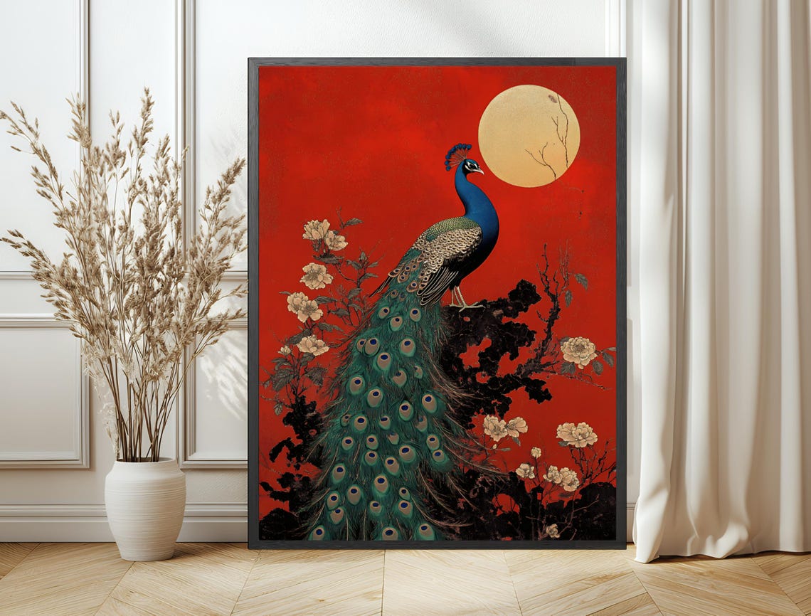 Peacock Moonlit Branch Red Background Asian Style Bird Print