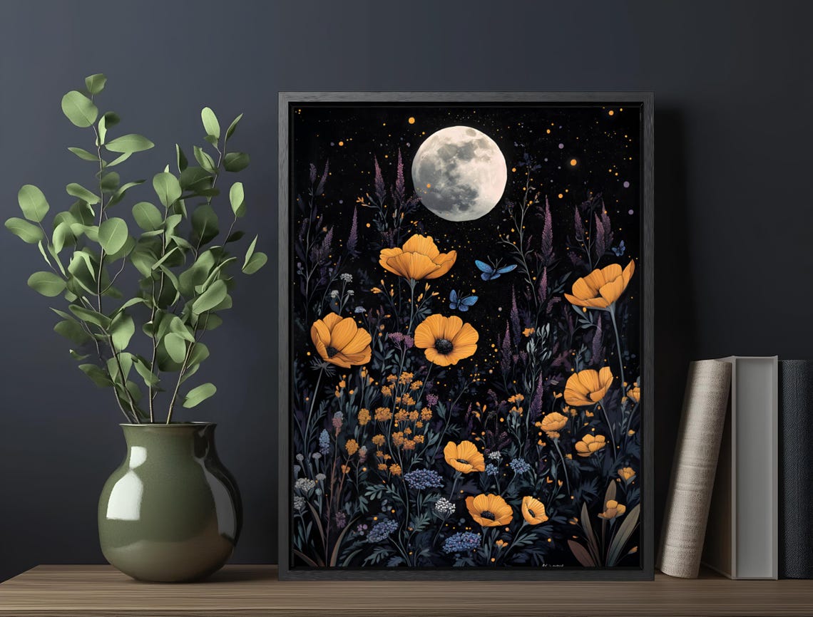 Full Moon Golden Poppies Night Meadow Fireflies Moody Wall Art Print - Image 6