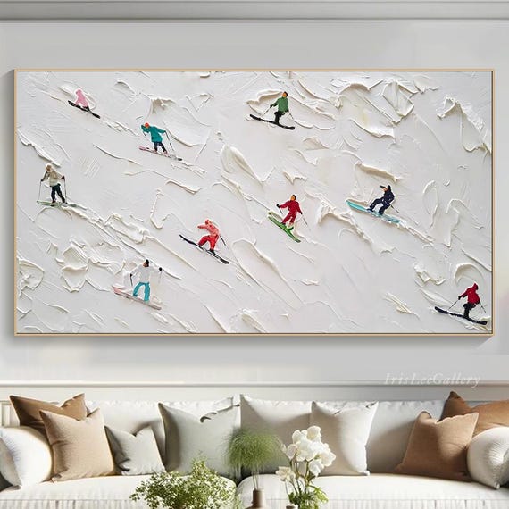 Skiing Action Painting On Textured Snow Wall Art Skiing Figures Wall Art Modern Winter Sports Art Impasto Ski Art Large Skiing