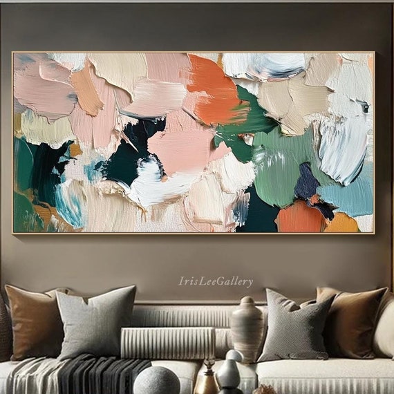 Large Colorful Abstract Painting On Impasto Textured Wall Art Sage Green Minimalist Palette Knife Bold Brushstroke Living Room Art