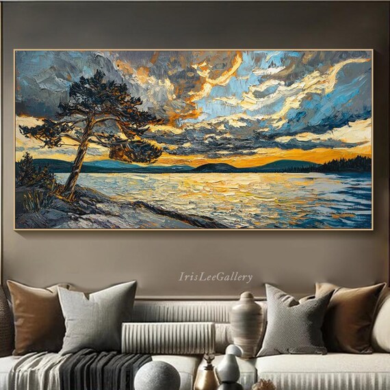 Sunset Landscape Painting On Impasto Textured Tree Wall Art Tranquil Lake View Large Art Handmade Golden Hour Bathroom Decor