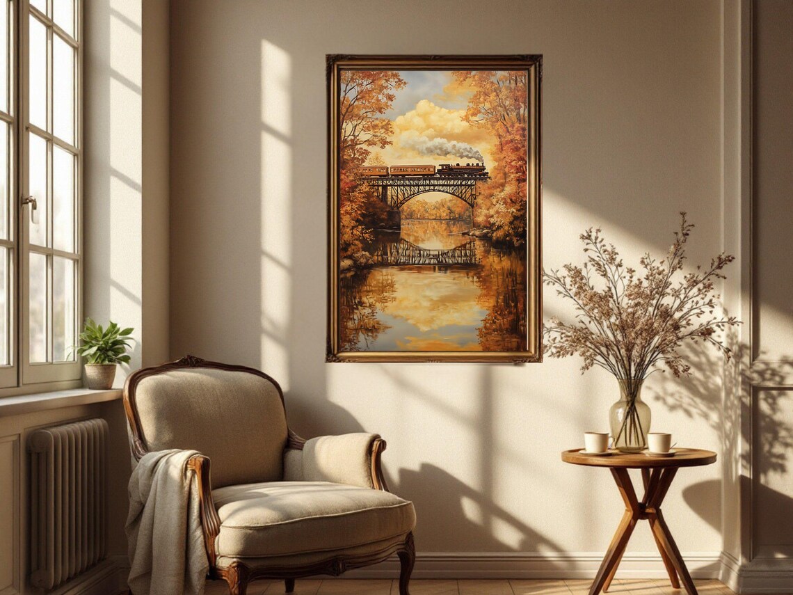 Vintage Train Autumn Landscape, Rustic Home Decor - Image 3