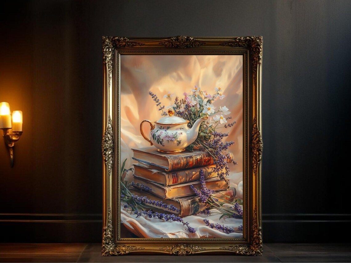 Vintage Oil Painting Teapot On Antique Books
