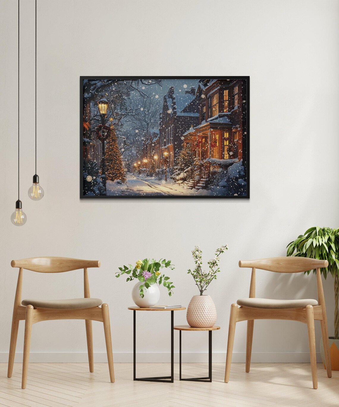 Christmas Night Street Scene, Festive Winter Village - Image 2