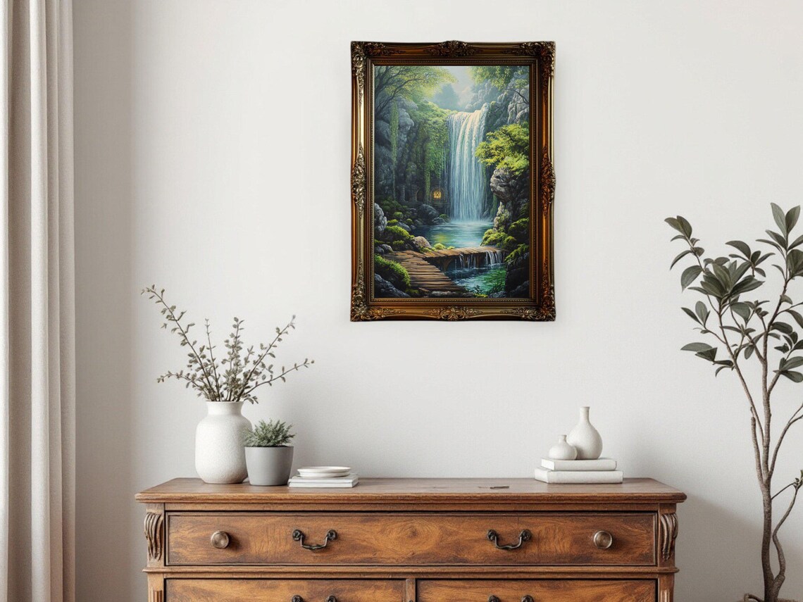 Mystical Waterfall Forest Landscape Art Print - Image 3