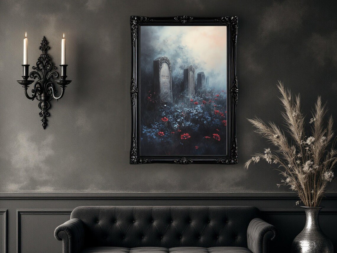 Haunting Cemetery Scene, Gothic Foggy Landscape Art Print - Image 2