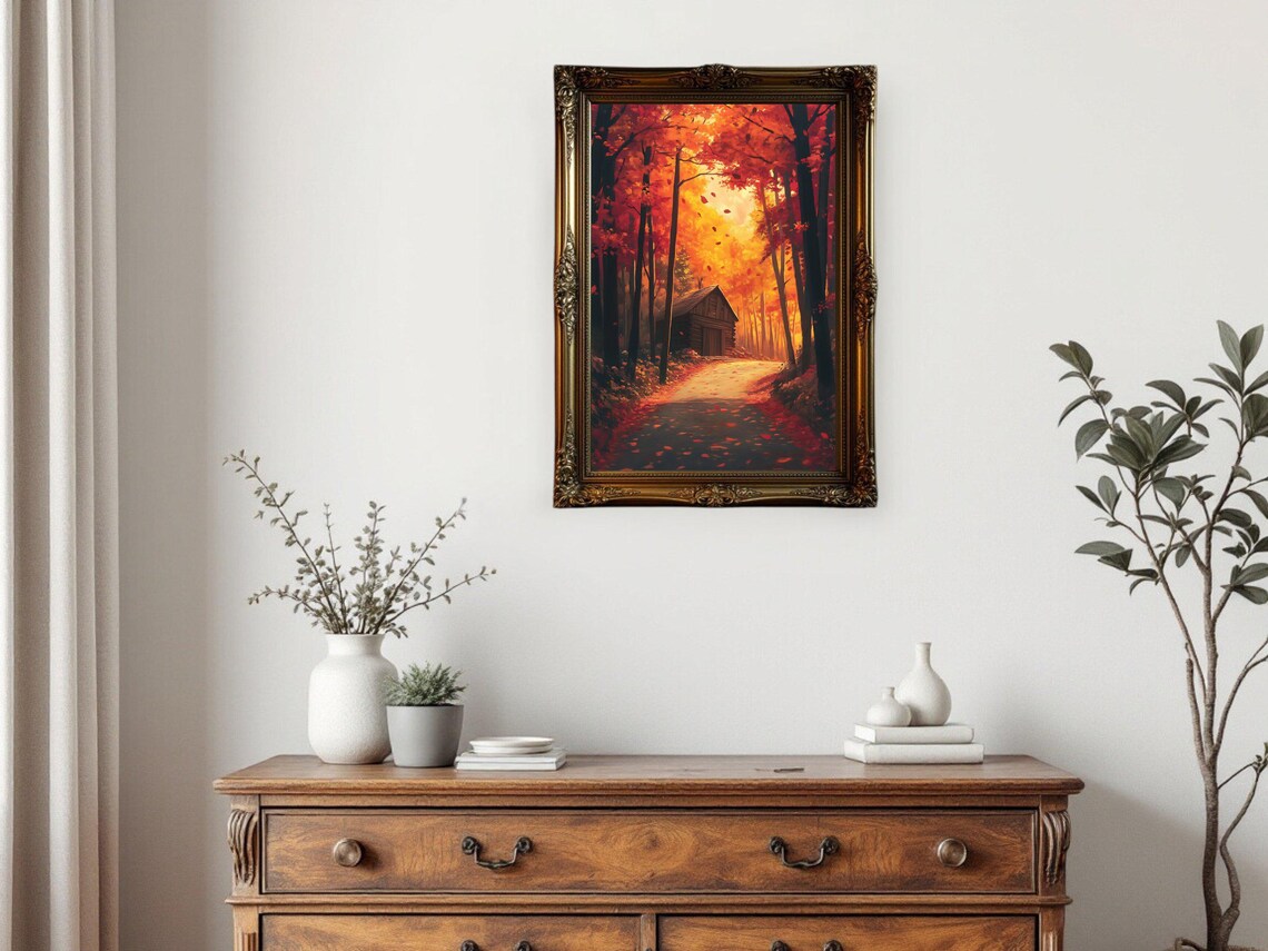Autumn Cabin Art Print, Rustic Forest Landscape - Image 2