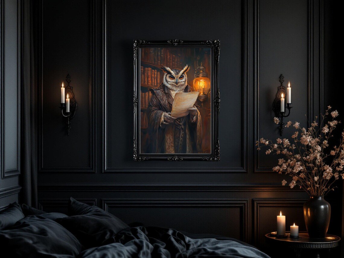 Vintage Owl Reading In Library, Antique Style - Image 2