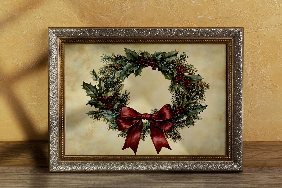 Vintage Holly Wreath - Rustic Holiday Artwork
