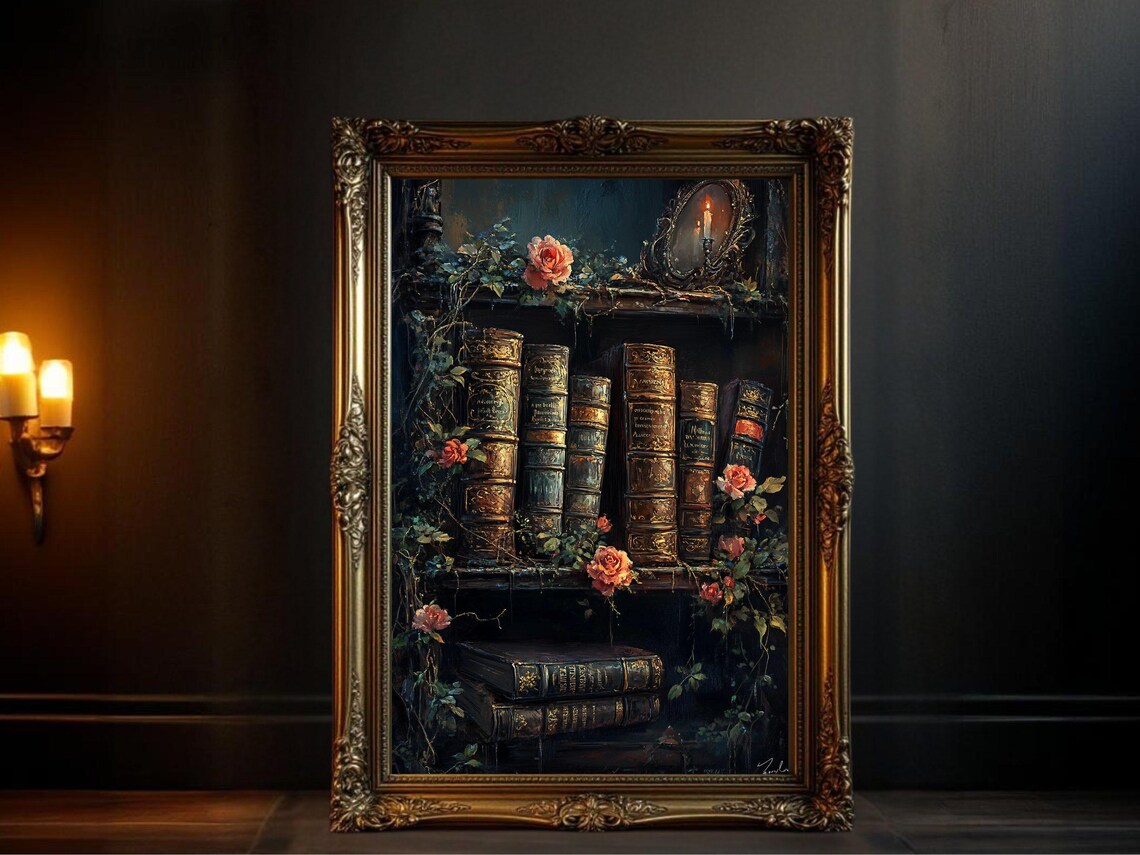 Vintage Bookshelf Art, Dark Academia Rose Decor