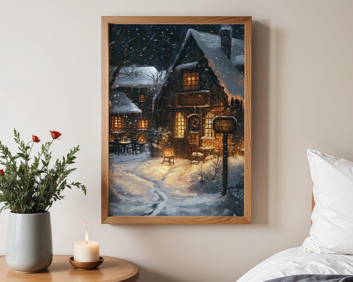 Winter Cottage Snowy Night Art Print, Rustic Cabin