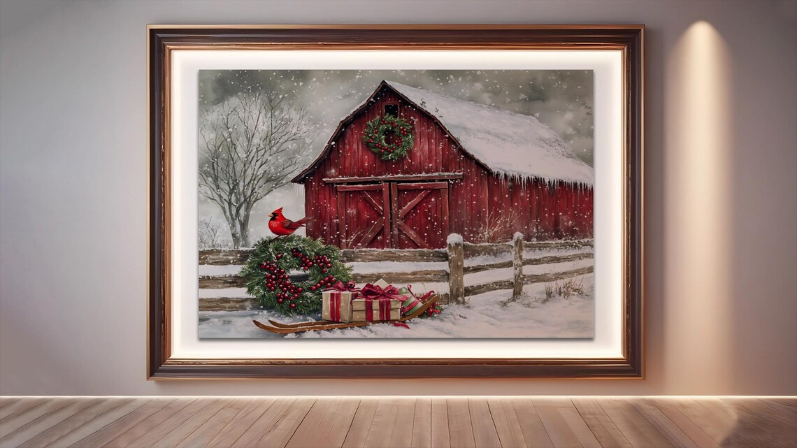 Winter Red Barn With Cardinal, Rustic Christmas Decor