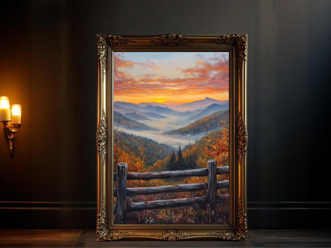 Mountain Sunset Landscape, Autumn Forest Painting