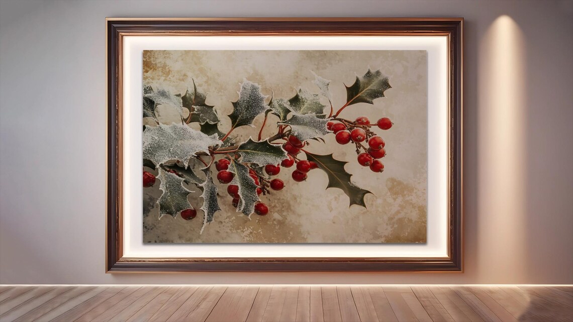 Frosted Holly Berry Rustic Winter Botanical Art - Image 2