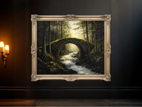 Forest Stone Bridge Over River, Rustic Landscape Art Print