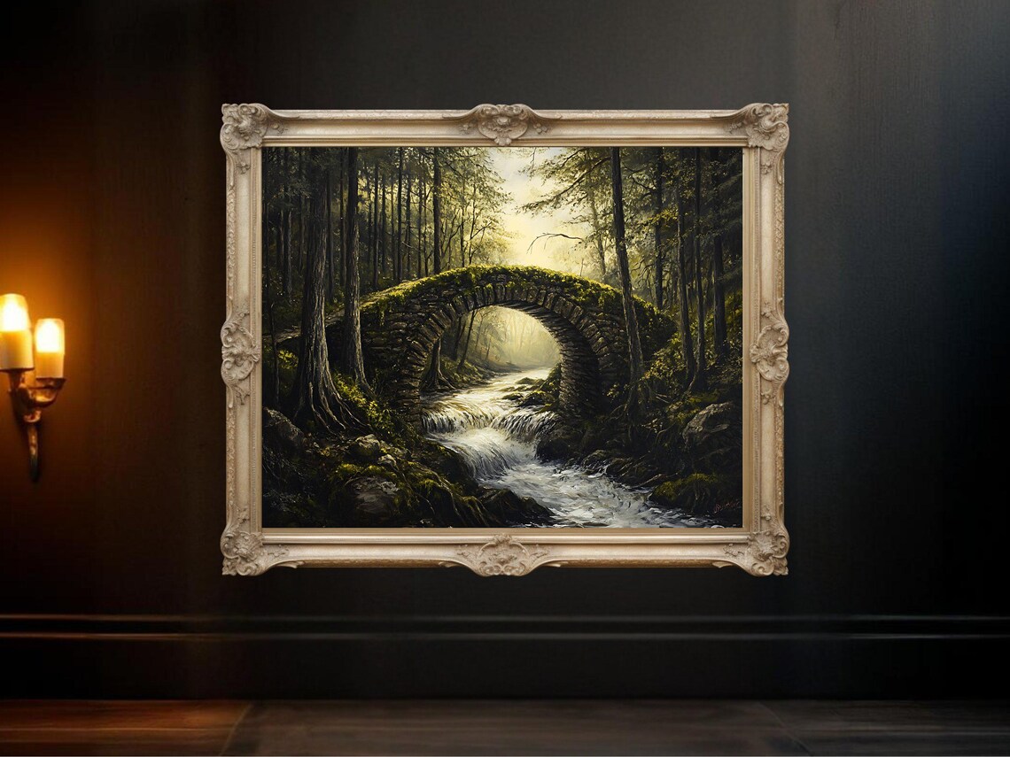 Forest Stone Bridge Over River, Rustic Landscape Art Print