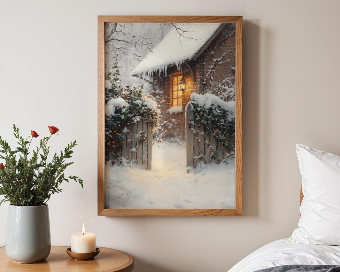 Cozy Winter Cabin Scene, Snowy Cottage Landscape