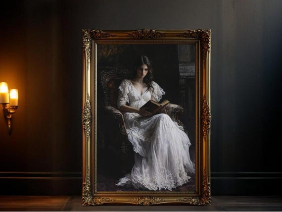 Vintage Woman Reading In Armchair, Dark Academia Art