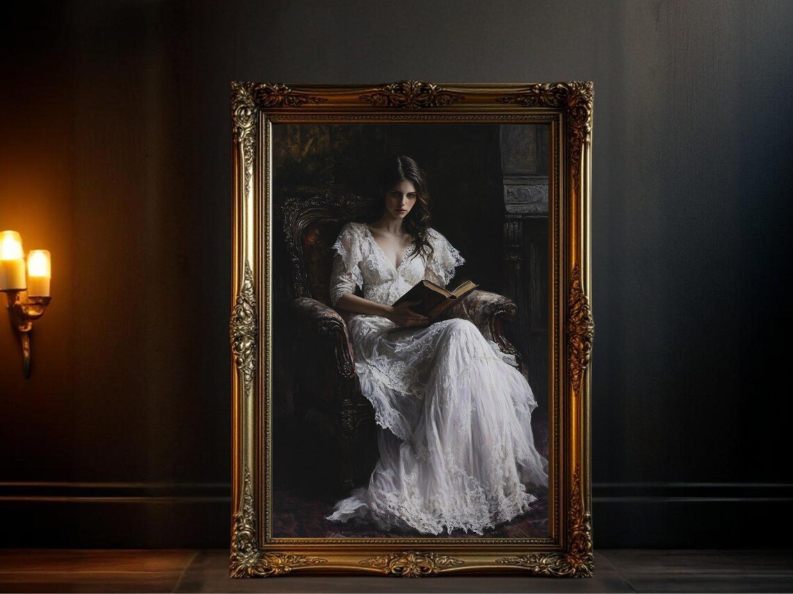 Vintage Woman Reading In Armchair, Dark Academia Art
