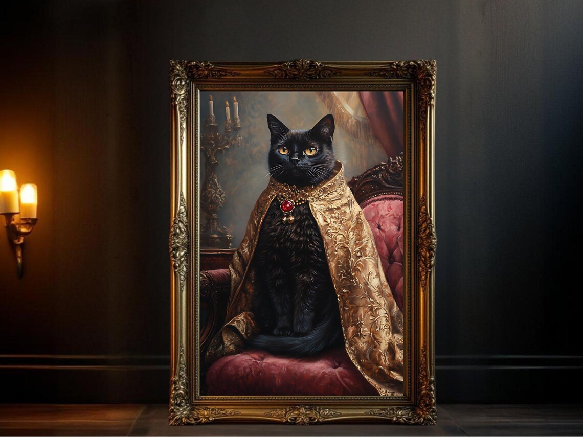 Royal Black Cat Portrait, Vintage Inspired Art Print