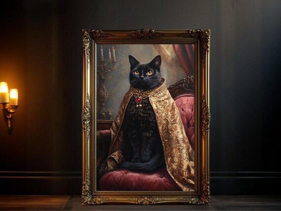 Royal Black Cat Portrait, Vintage Inspired Art Print