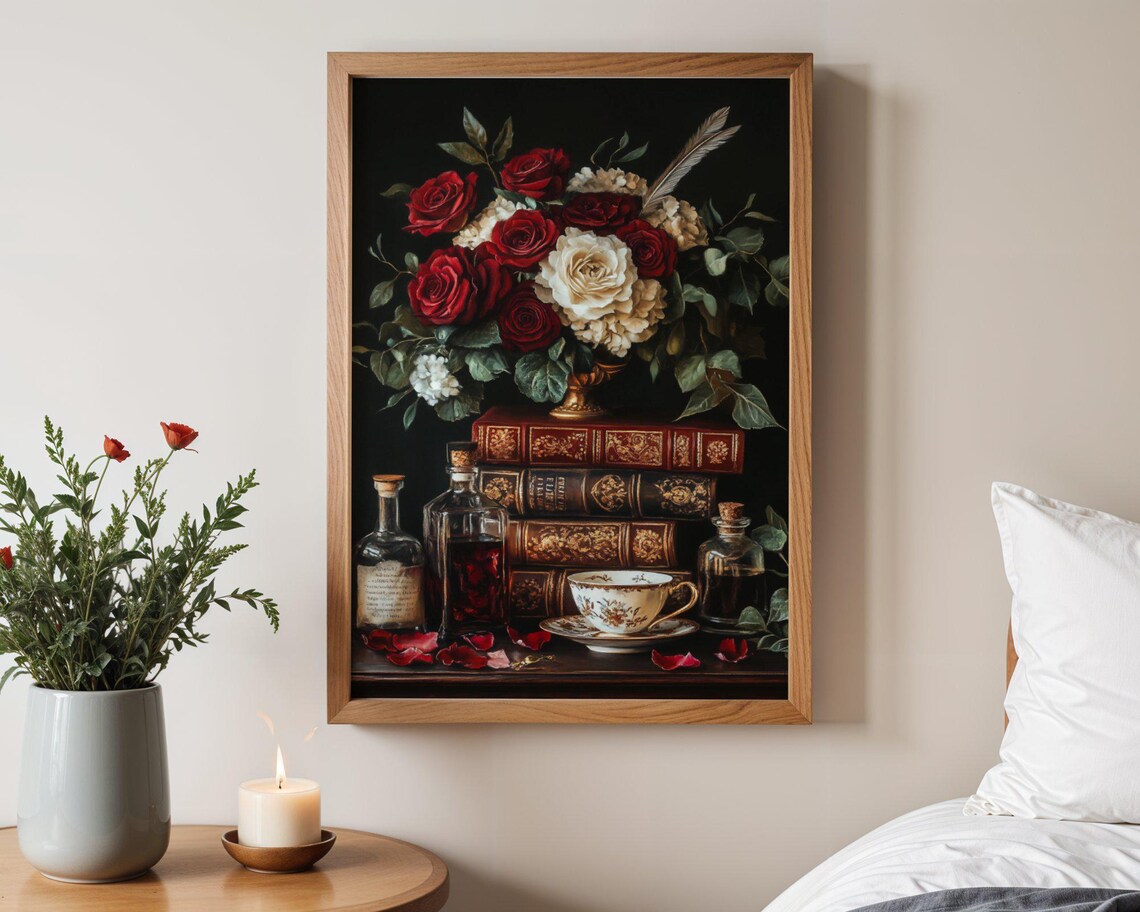 Vintage Roses And Books, Antique Floral Poster - Image 3