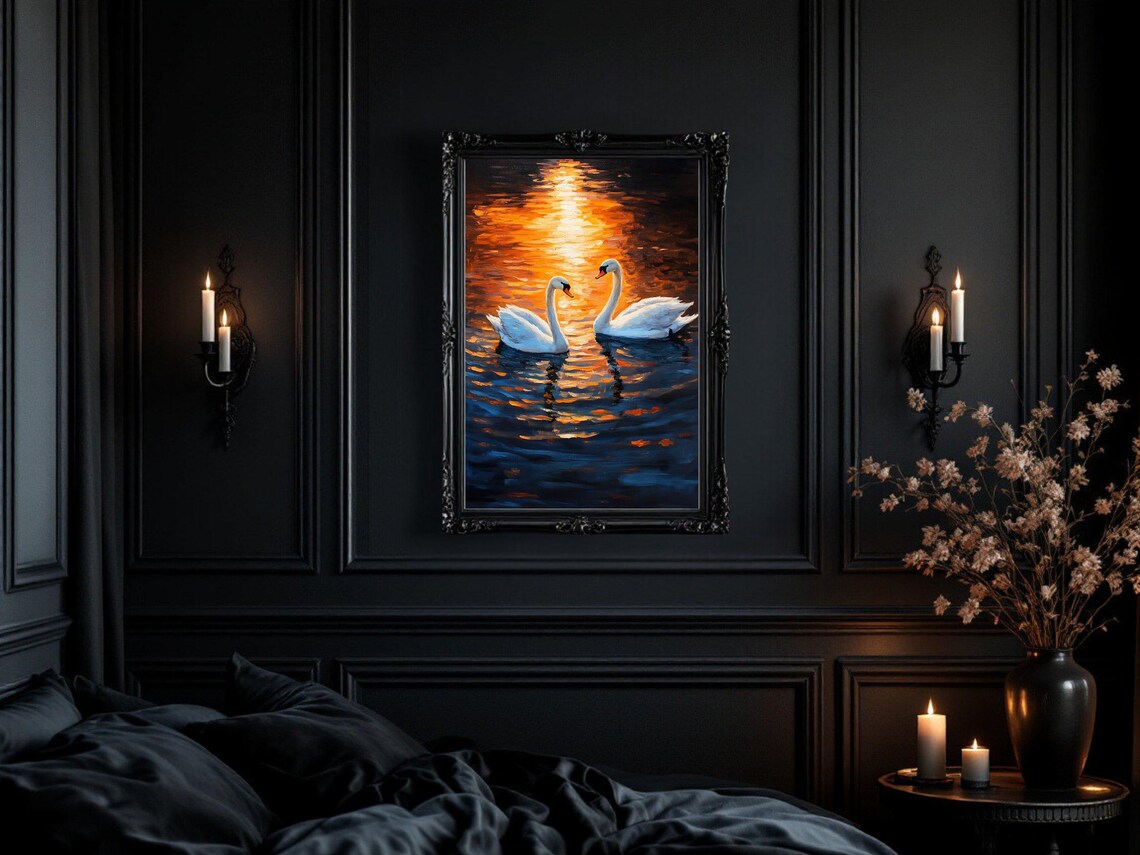 Elegant Swan Wall Art, Romantic Lake Scene - Image 2
