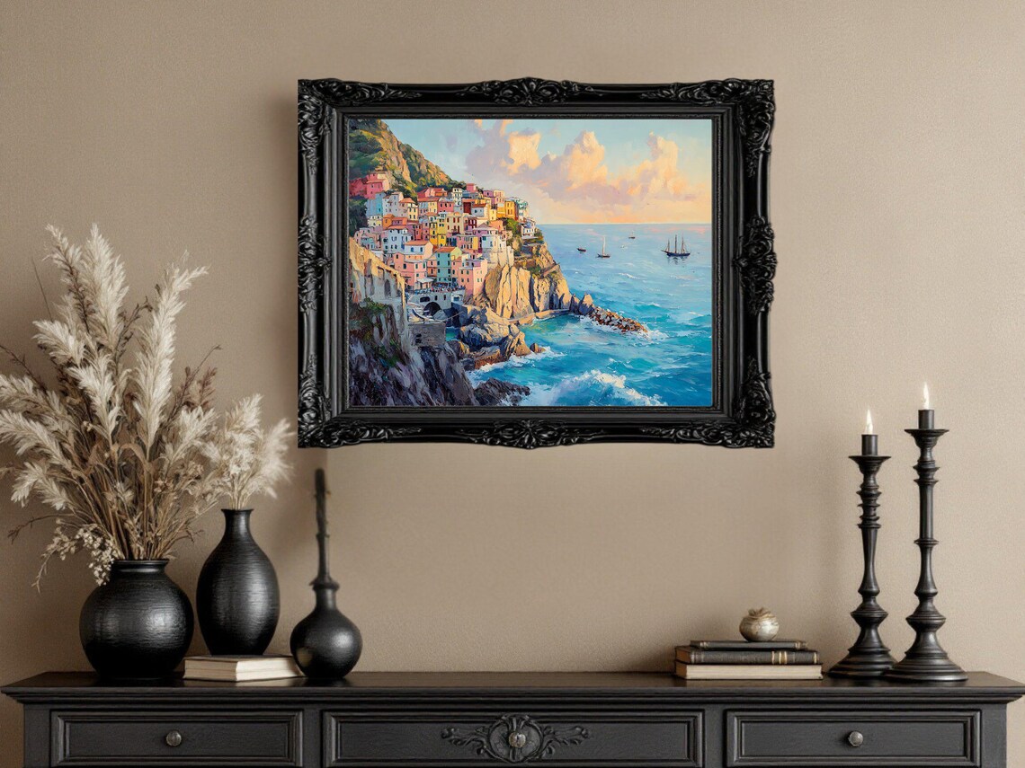 Coastal Mediterranean Village Sunset, Italian Seaside Art Print - Image 2