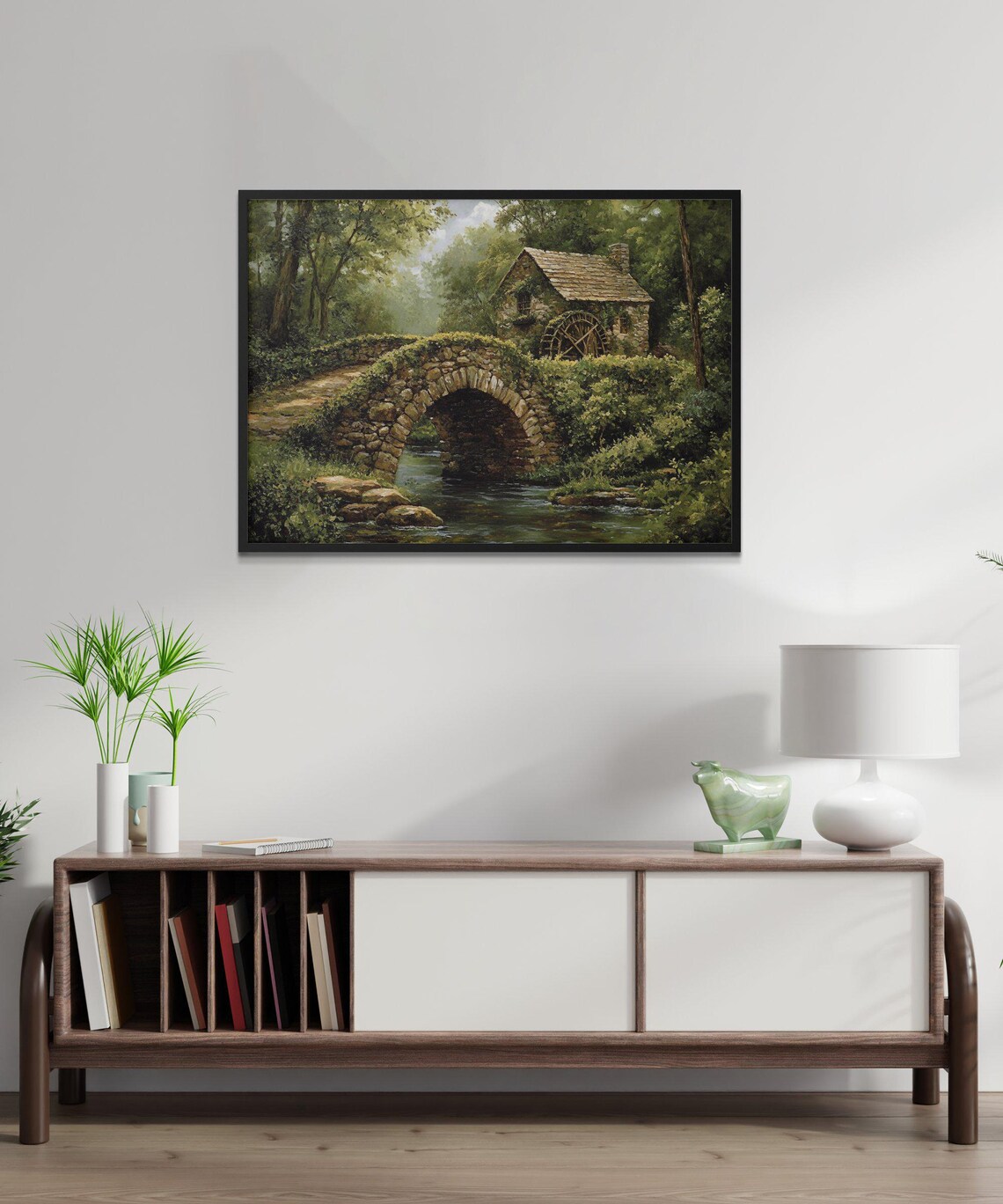 Vintage Stone Bridge Over Stream, Rustic Landscape - Image 2