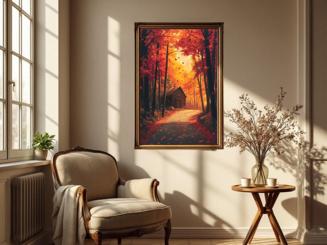 Autumn Cabin Art Print, Rustic Forest Landscape - Image 3
