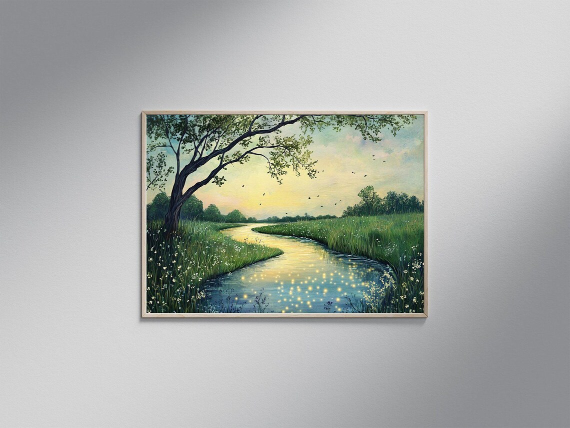 Serene River Landscape, Nature Painting Art Print