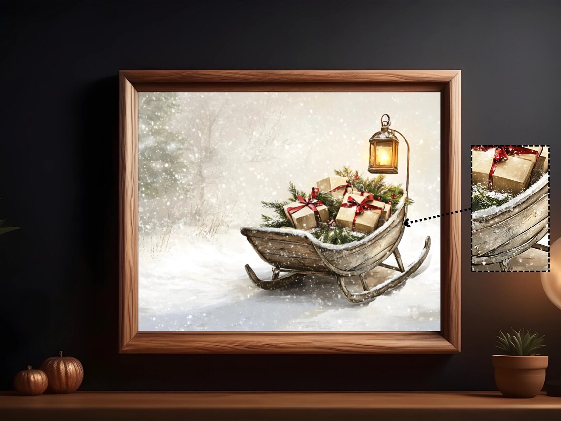 Rustic Sleigh With Gifts Christmas Art Print - Image 3