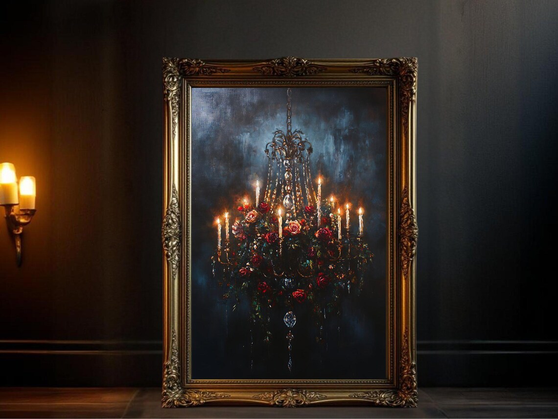 Elegant Chandelier Roses, Dark Floral Glow Art Print