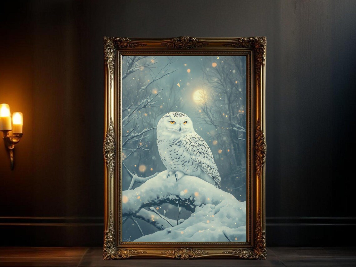 Snow Owl, Winter Night Animal Illustration Art Print
