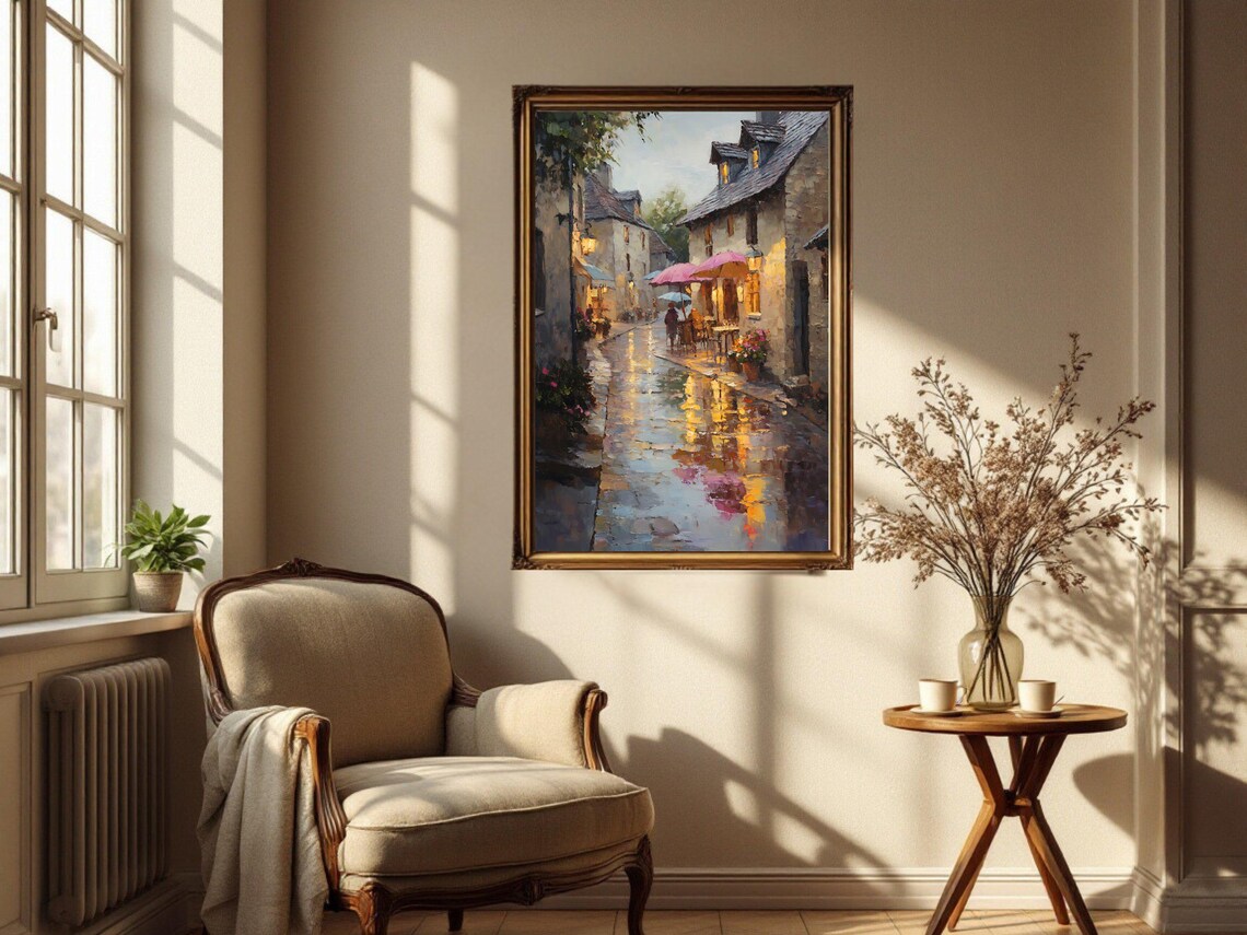 Romantic Rainy Street Art Print, Cozy Village - Image 3