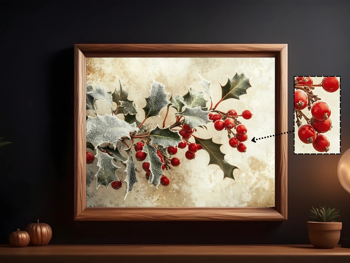 Frosted Holly Berry Rustic Winter Botanical Art - Image 3
