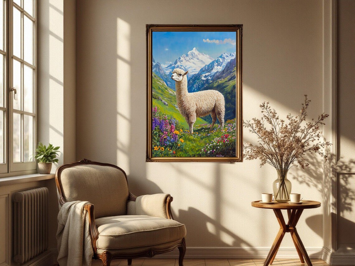 Elegant Alpaca Mountain Landscape Art Print - Image 2