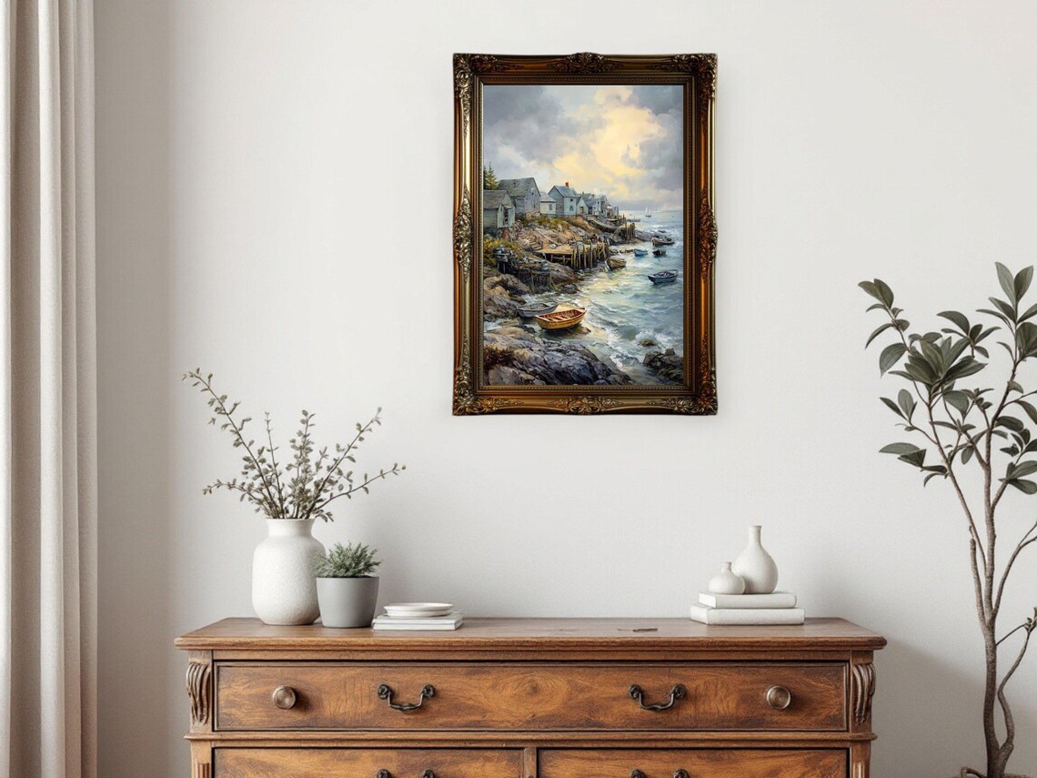 Coastal Village, Ocean Harbor Landscape Painting - Image 2