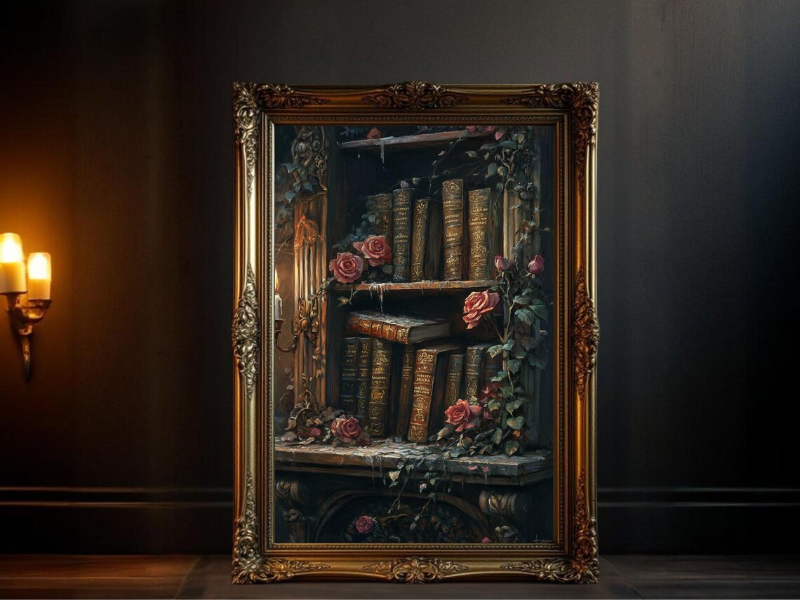 Vintage Bookshelf Roses, Dark Academia Art Print