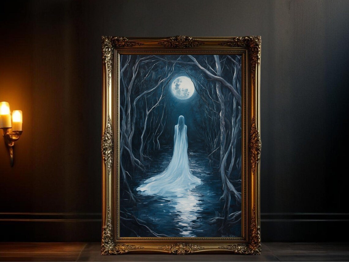 Moonlit Forest Painting, Dark Academia Night Scene