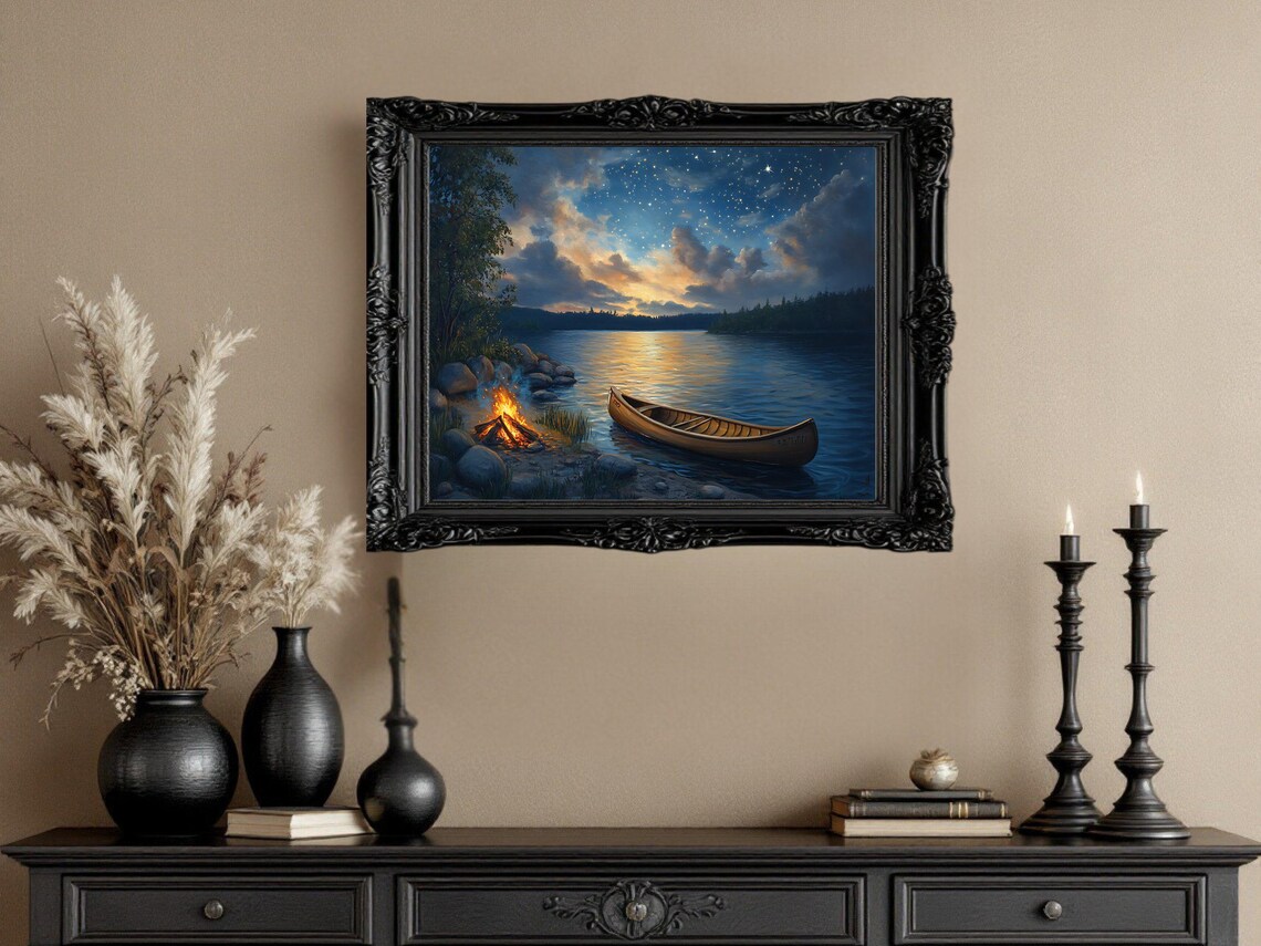 Serene Lake Nightscape, Canoe And Campfire Art Print - Image 2