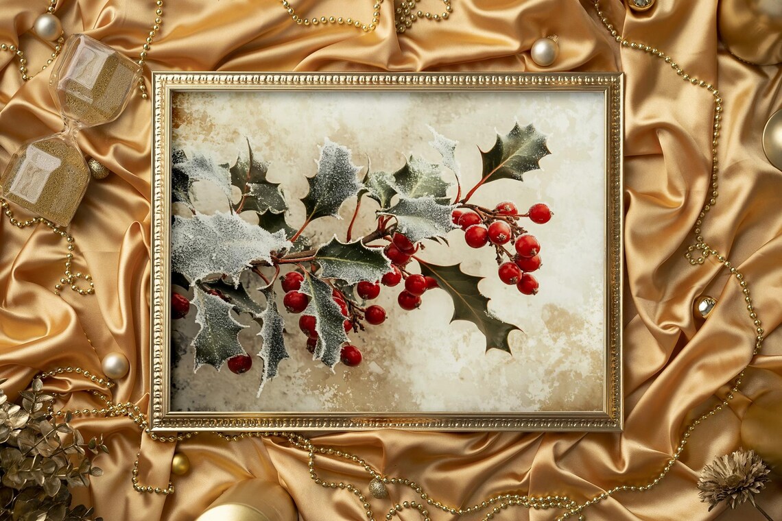 Frosted Holly Berry Rustic Winter Botanical Art