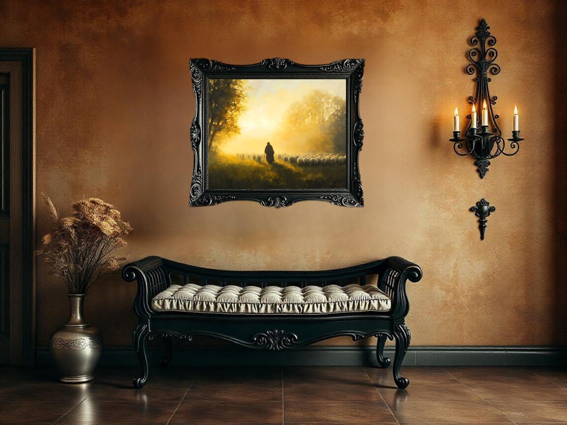 Rustic Shepherd At Sunrise, Pastoral Landscape Print - Image 3