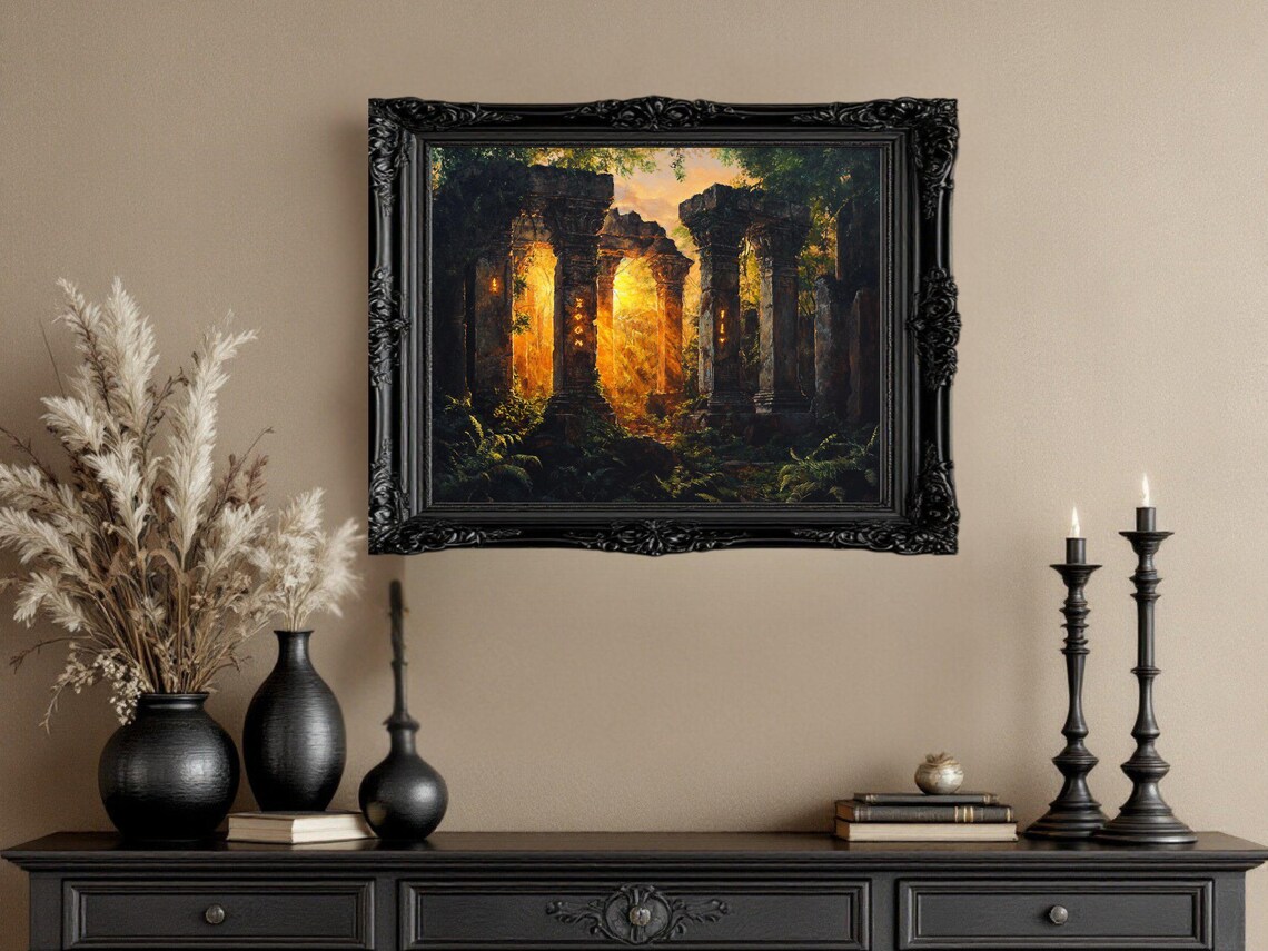 Ancient Ruins Sunset Forest Landscape Art Print - Image 3