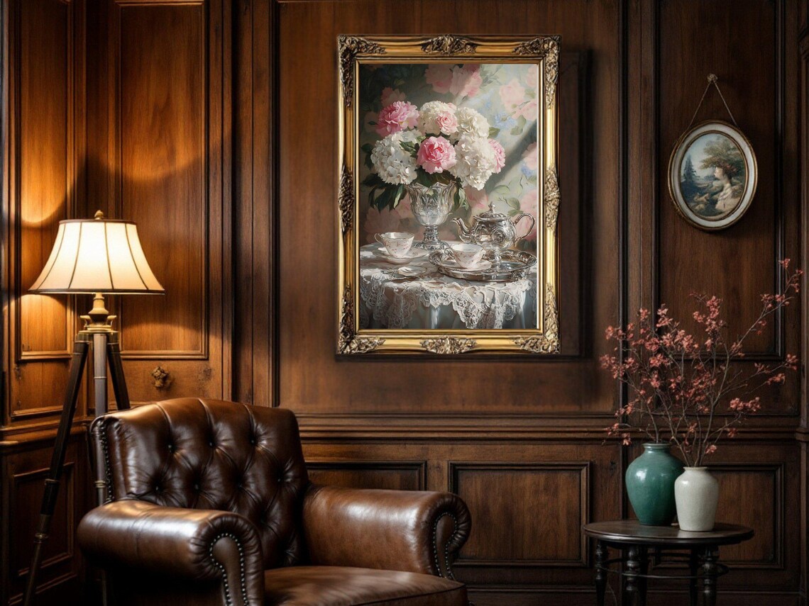Vintage Floral Tea Setting, Classic Still Life Art Print - Image 2