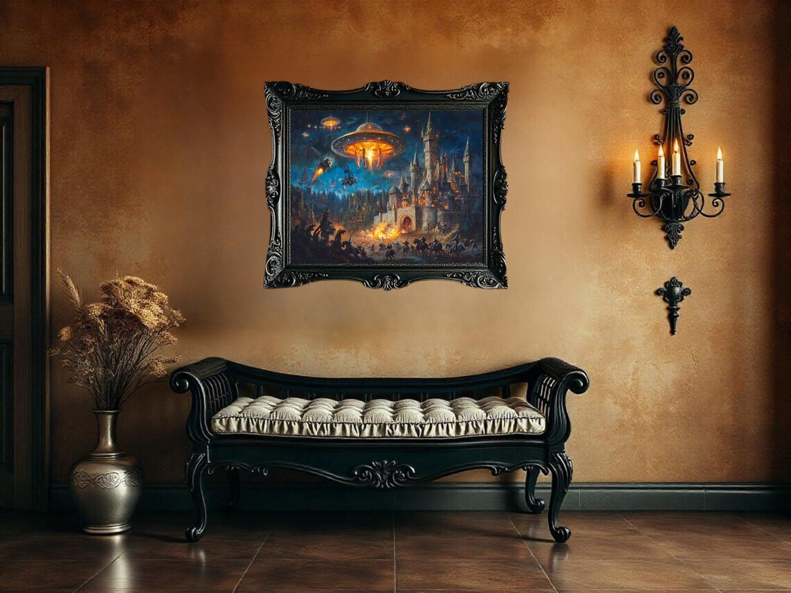 Fantasy Castle Battle Scene With UFOs, Art Print - Image 3