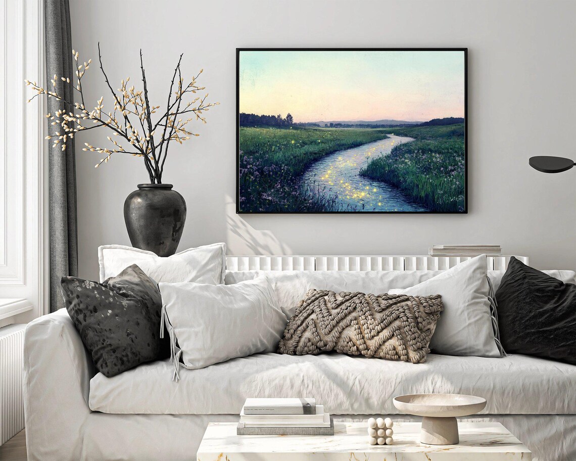 Serene Landscape River At Dusk, Tranquil Meadows Art Print - Image 3